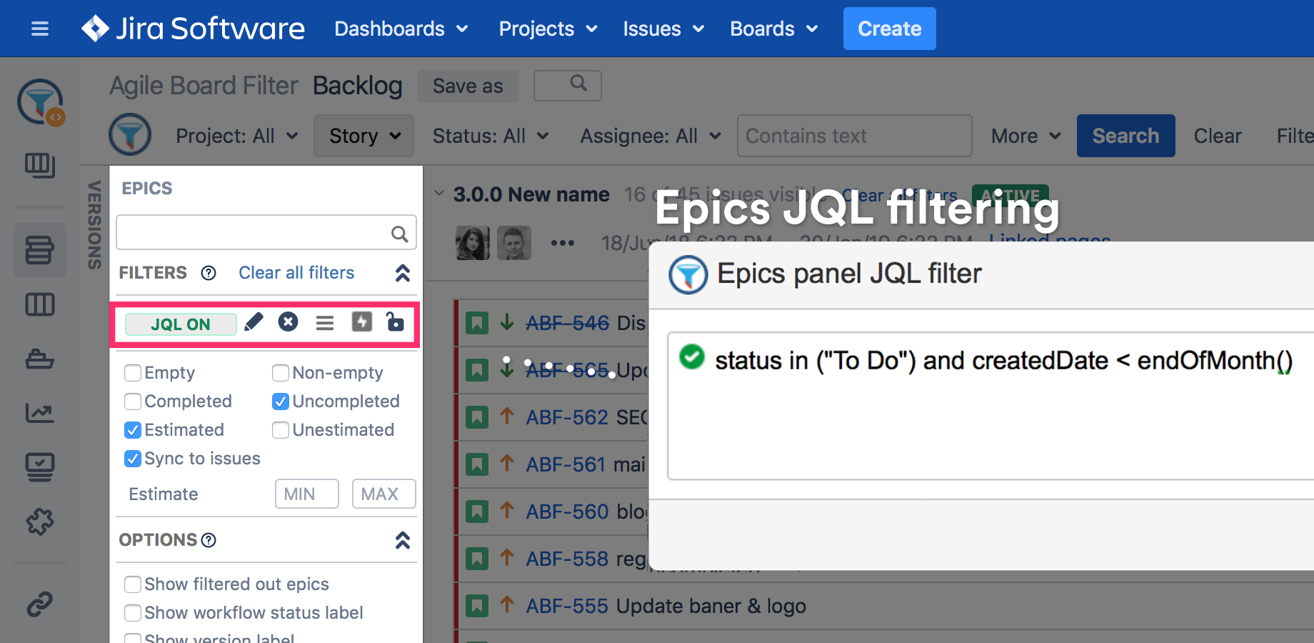 JQL filtering on Epics