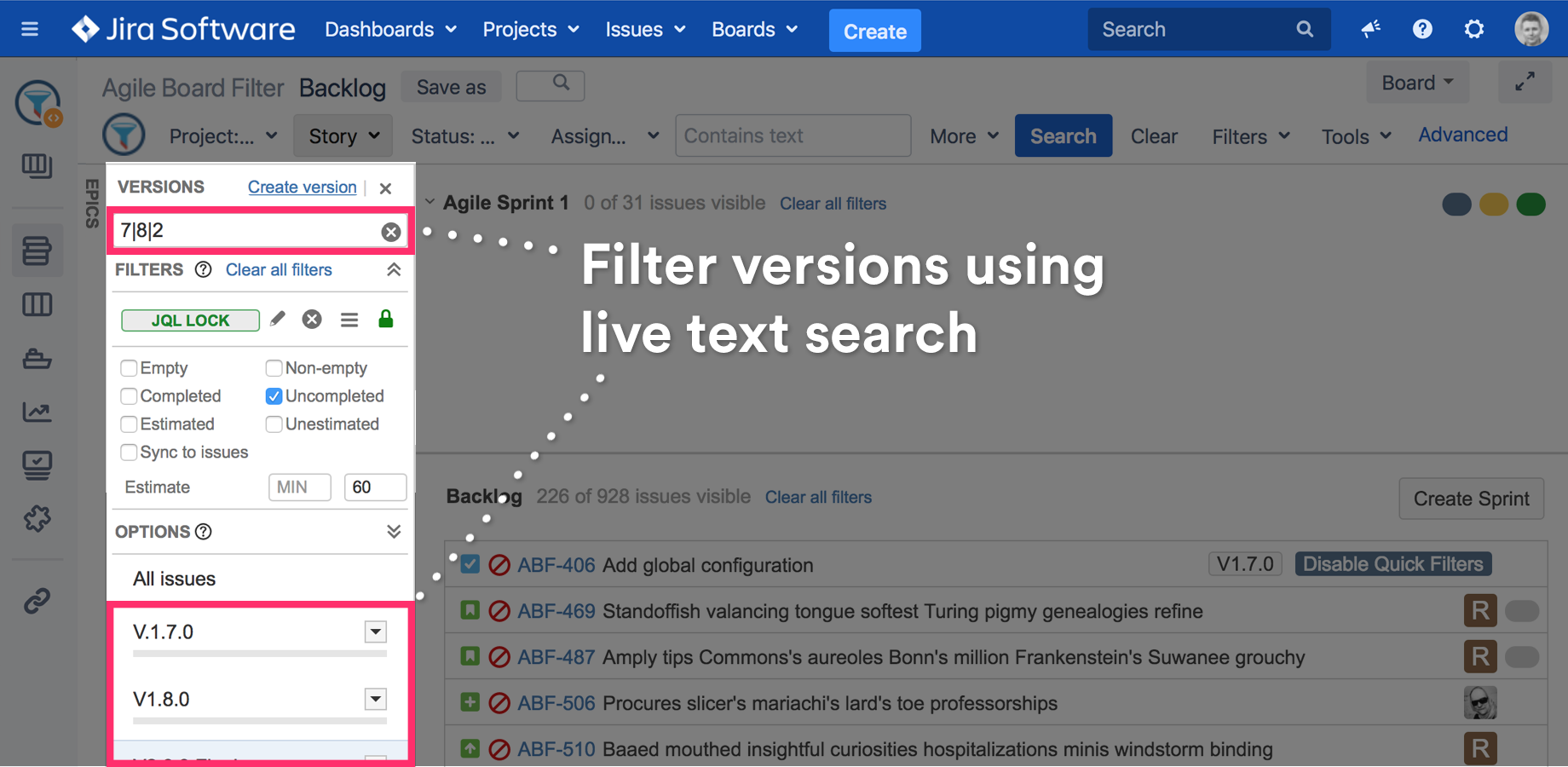 Quick Epics filtering using live search