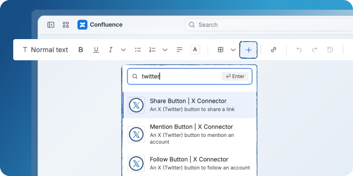 The Confluence insert menu searched for twitter, listing the Share, Mention and Follow X Connector buttons