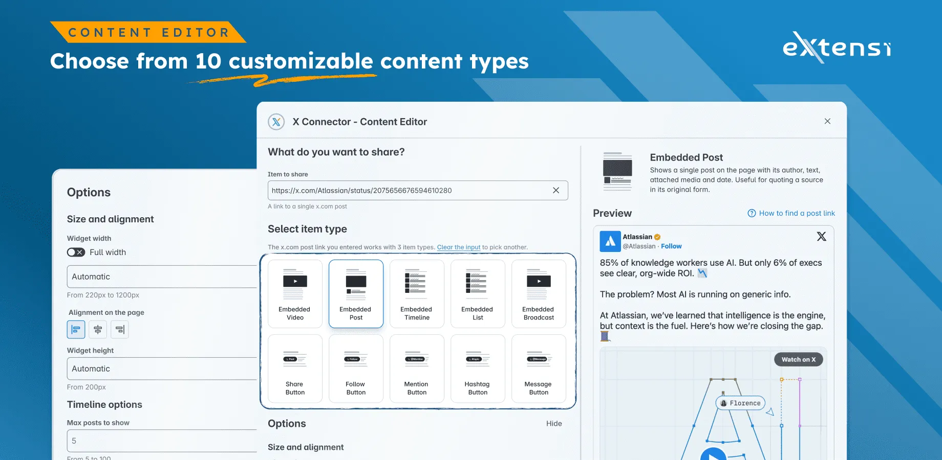 The X Connector editor with 10 content type tiles, a post preview, and enlarged size, alignment and appearance settings.