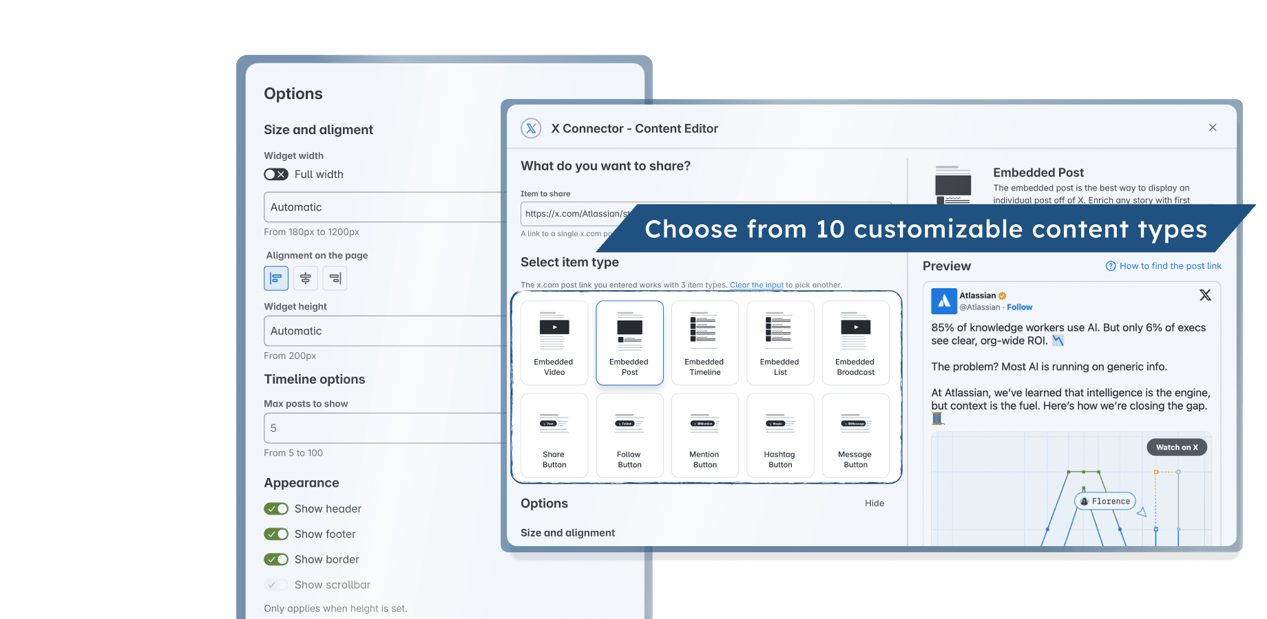 The X Connector editor with 10 content type tiles, a post preview, and enlarged size, alignment and appearance settings.