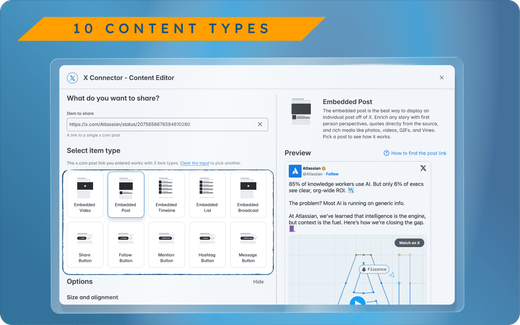 X Connector editor, timelines, video and broadcast embeds, and X API connection settings for Confluence