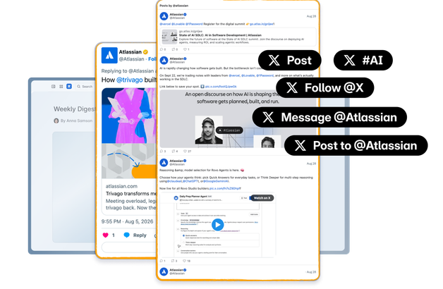 X posts, a timeline and reader buttons arranged over a Confluence page