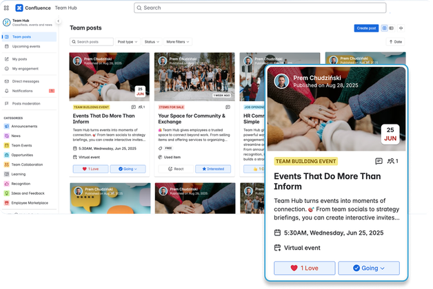 Team Hub showing a company feed of posts and events in Confluence