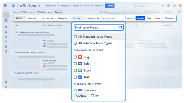 Agile Tools and Filters adding dropdown filters to a Jira board