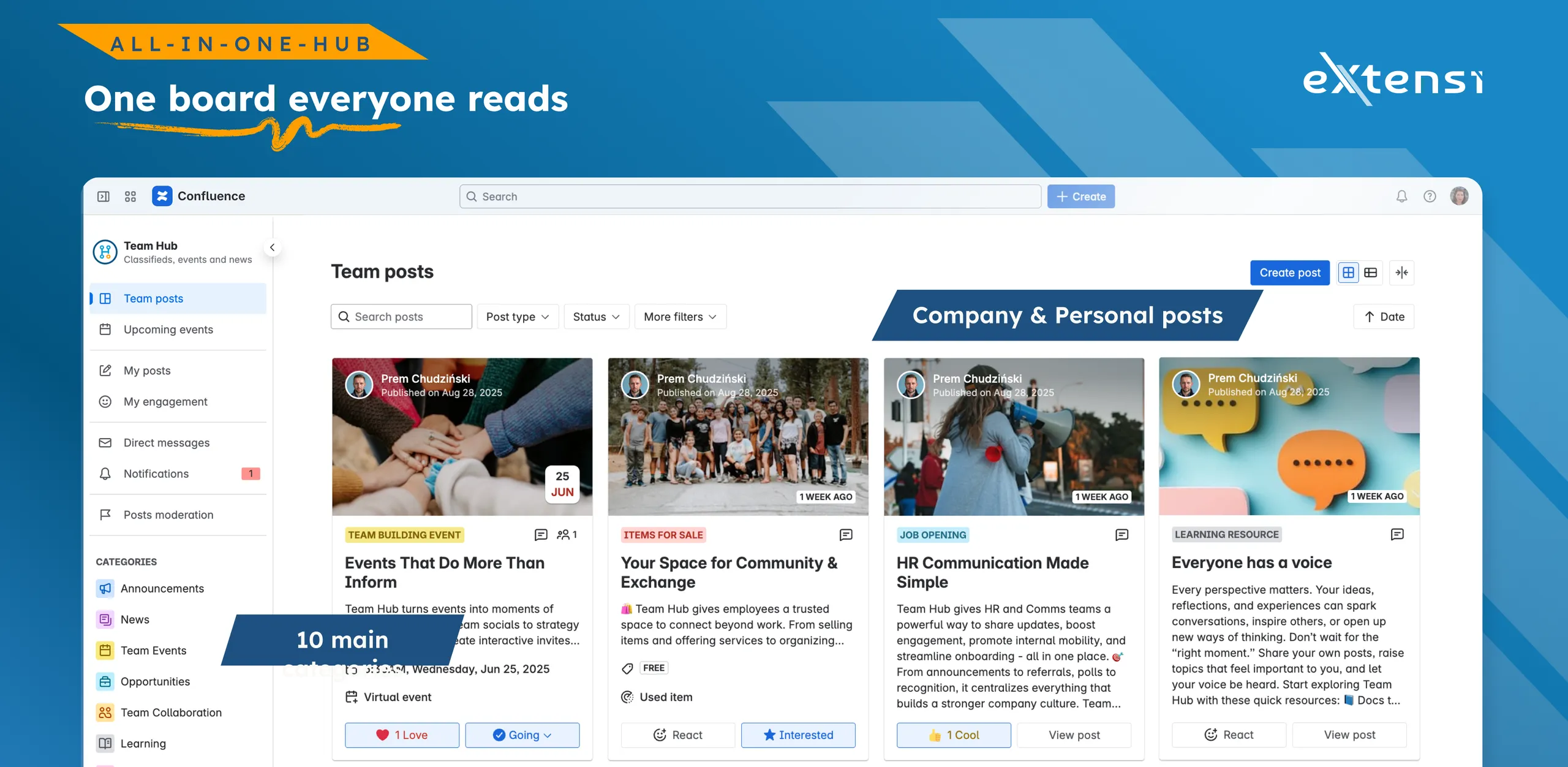 The Team Hub board inside Confluence: a feed of company and personal post cards beside a sidebar of ten categories, with one event post enlarged showing its date, Love count and Going button.