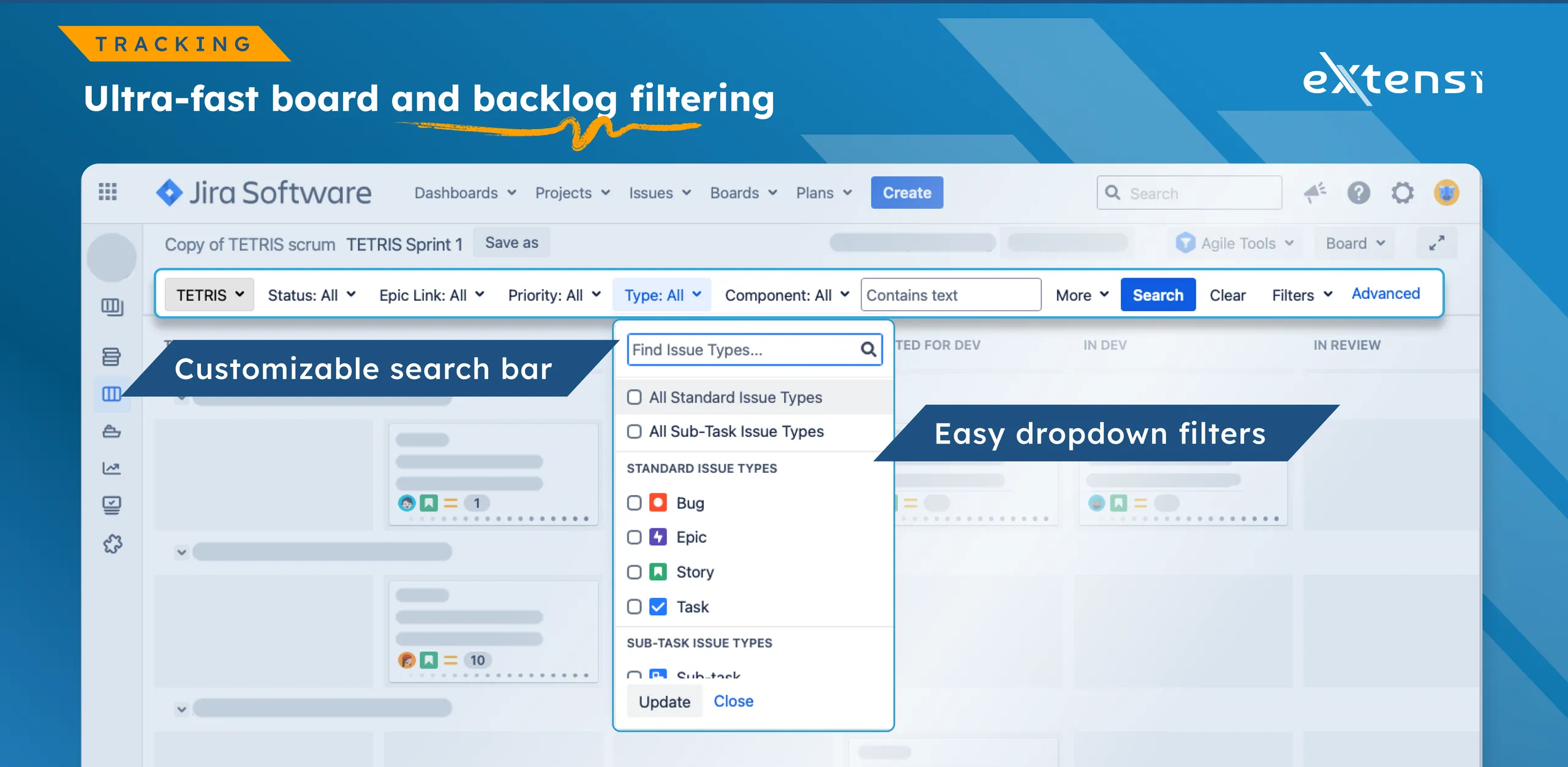 A Jira board with the Agile Tools search bar above it: dropdown filters for Epic Link and Type, and an open Filters menu listing saved personal and backlog filters.