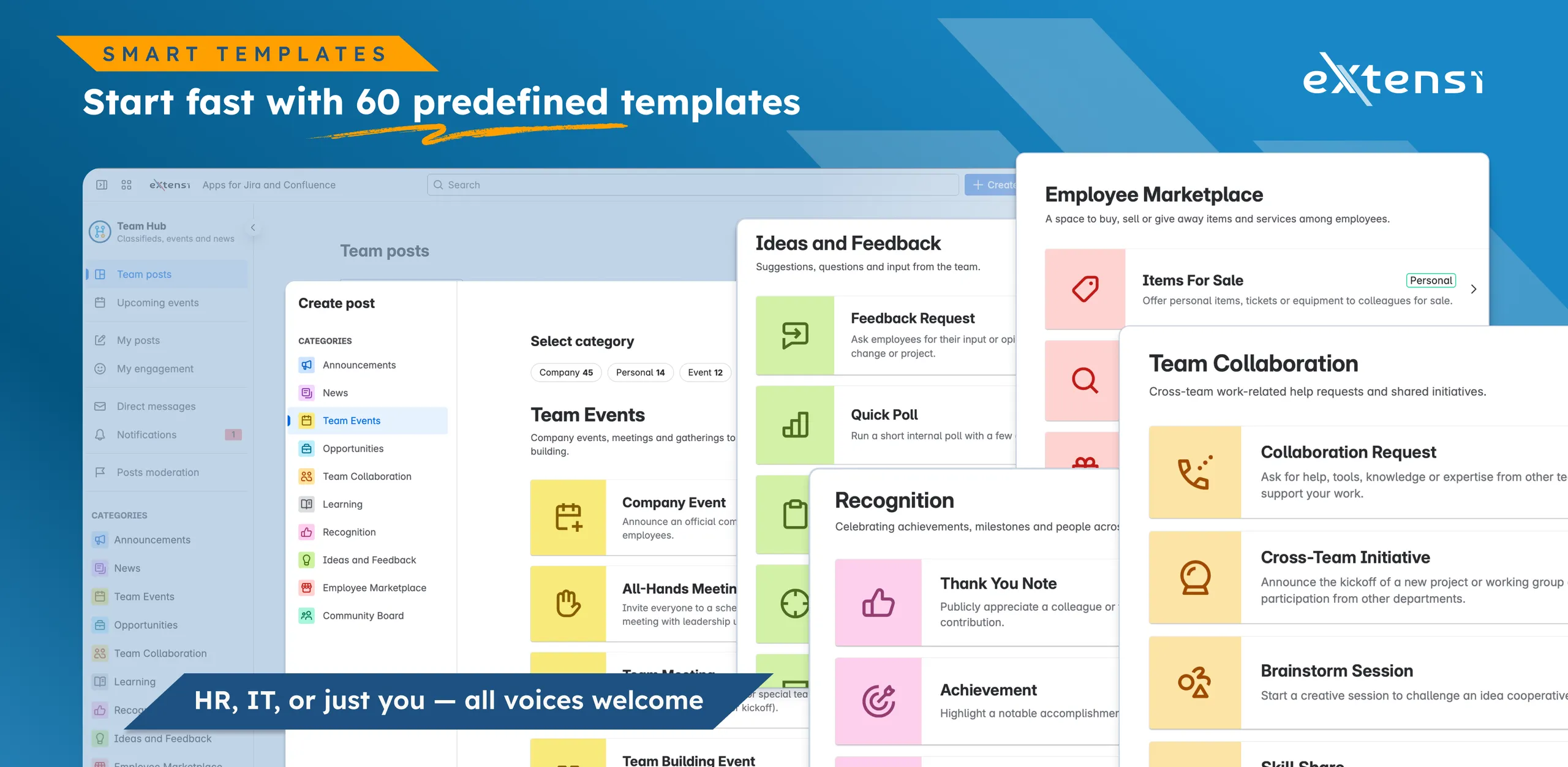 The Team Hub create-post dialog: a category picker with Company, Personal and Event counts, listing Team Events templates such as Company Event, All-Hands Meeting and Team Meeting.