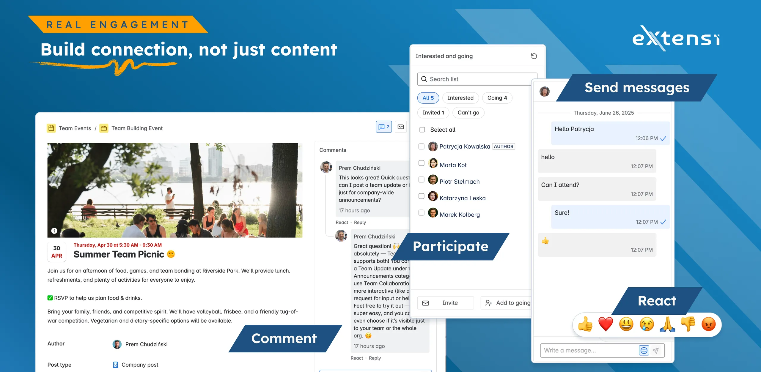 A Team Hub event post for a summer team picnic, with the RSVP details on the left and a comment thread with emoji reactions open on the right.