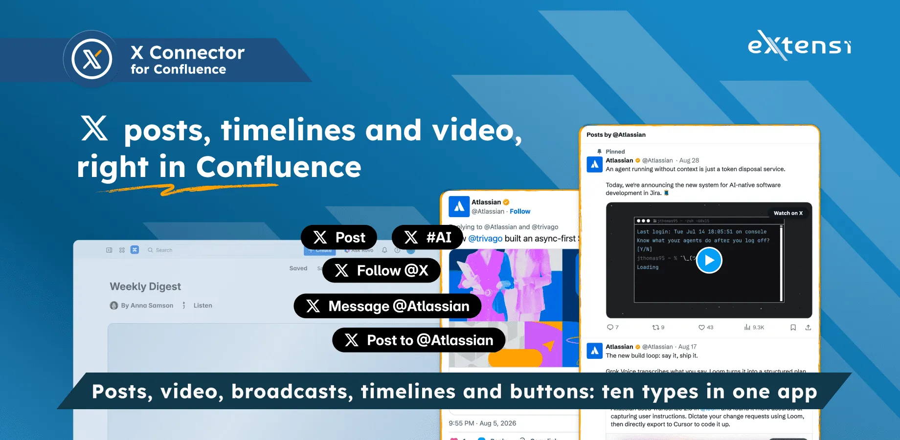 X posts, a video, a broadcast, a timeline and reader buttons arranged over a Confluence page
