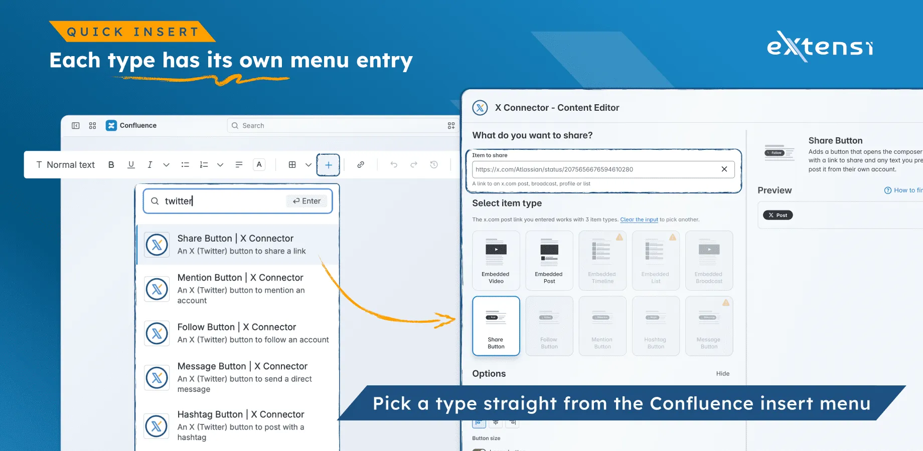 The Confluence insert menu searched for twitter beside the X Connector editor with a pasted post link and Share Button selected