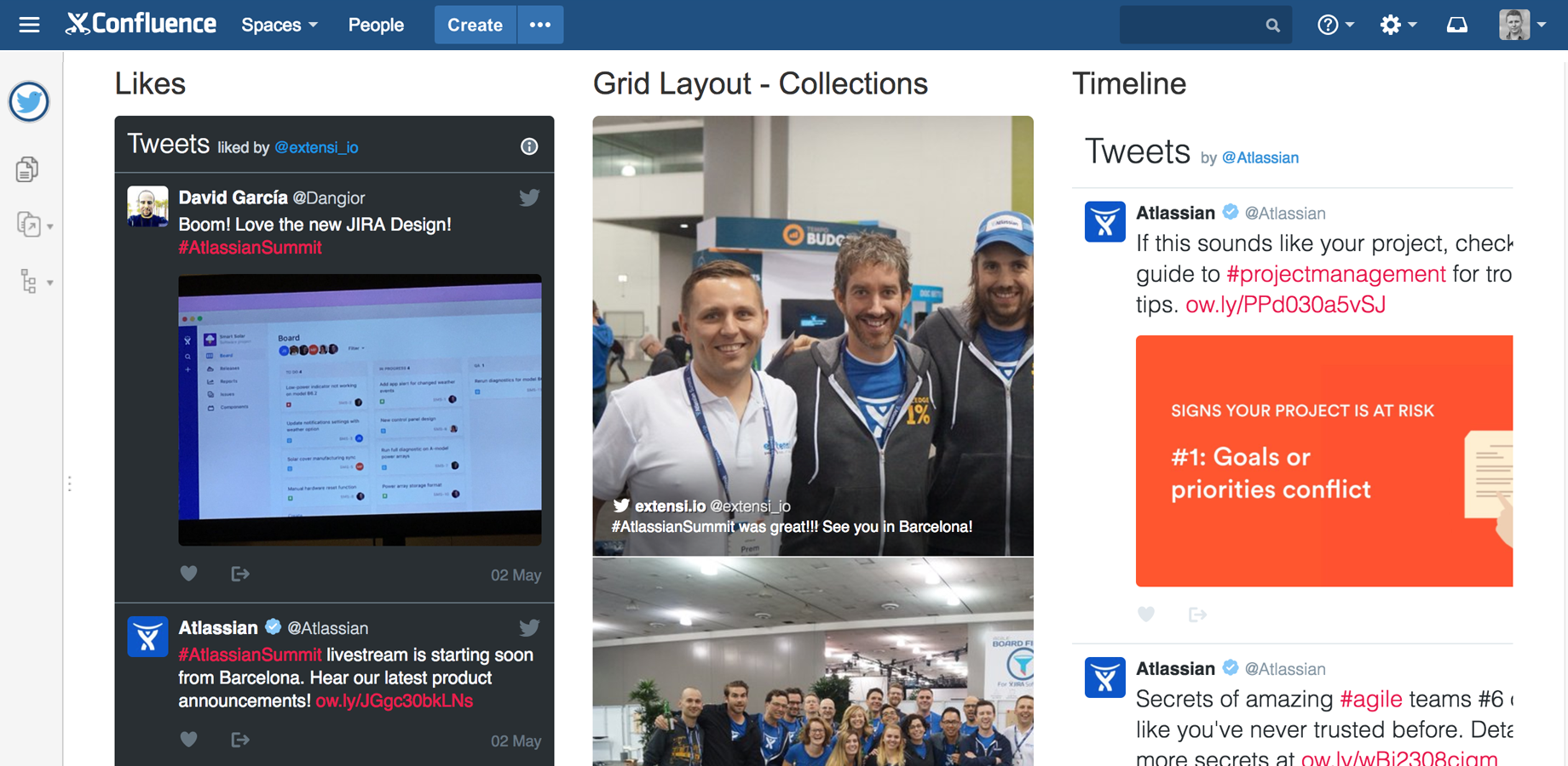 A Confluence page with embedded X content laid out in three columns.