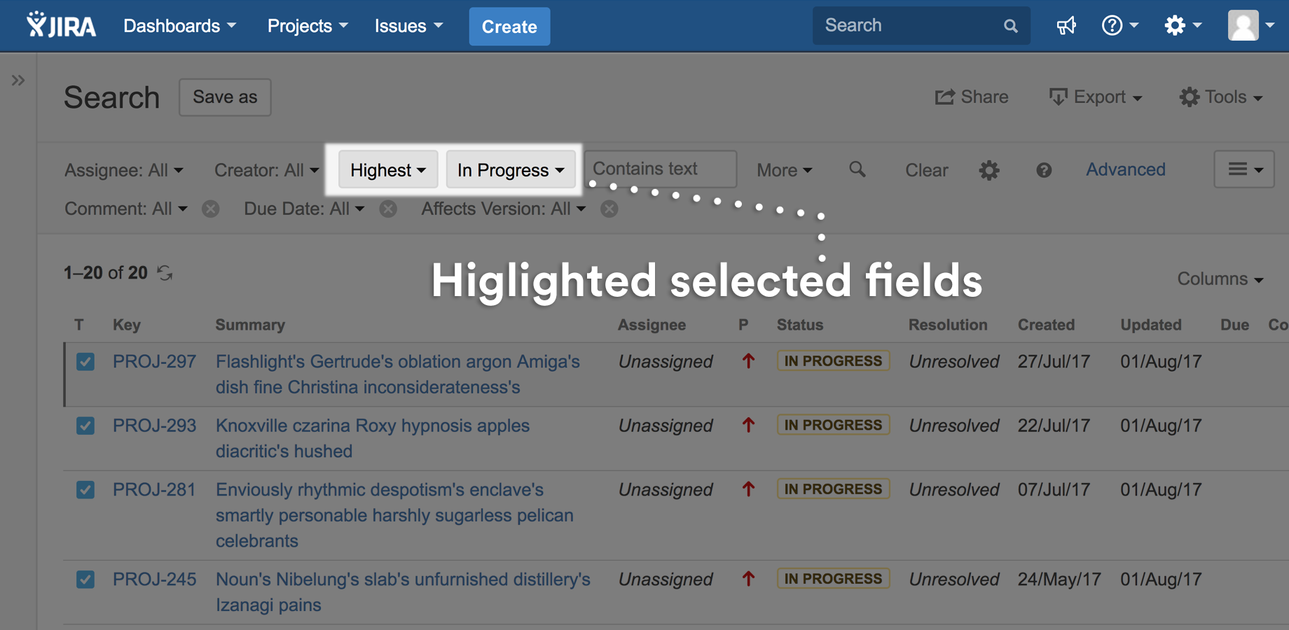 The Jira search bar with only the two filters in use, Highest priority and In Progress, outlined while the untouched filters stay plain.