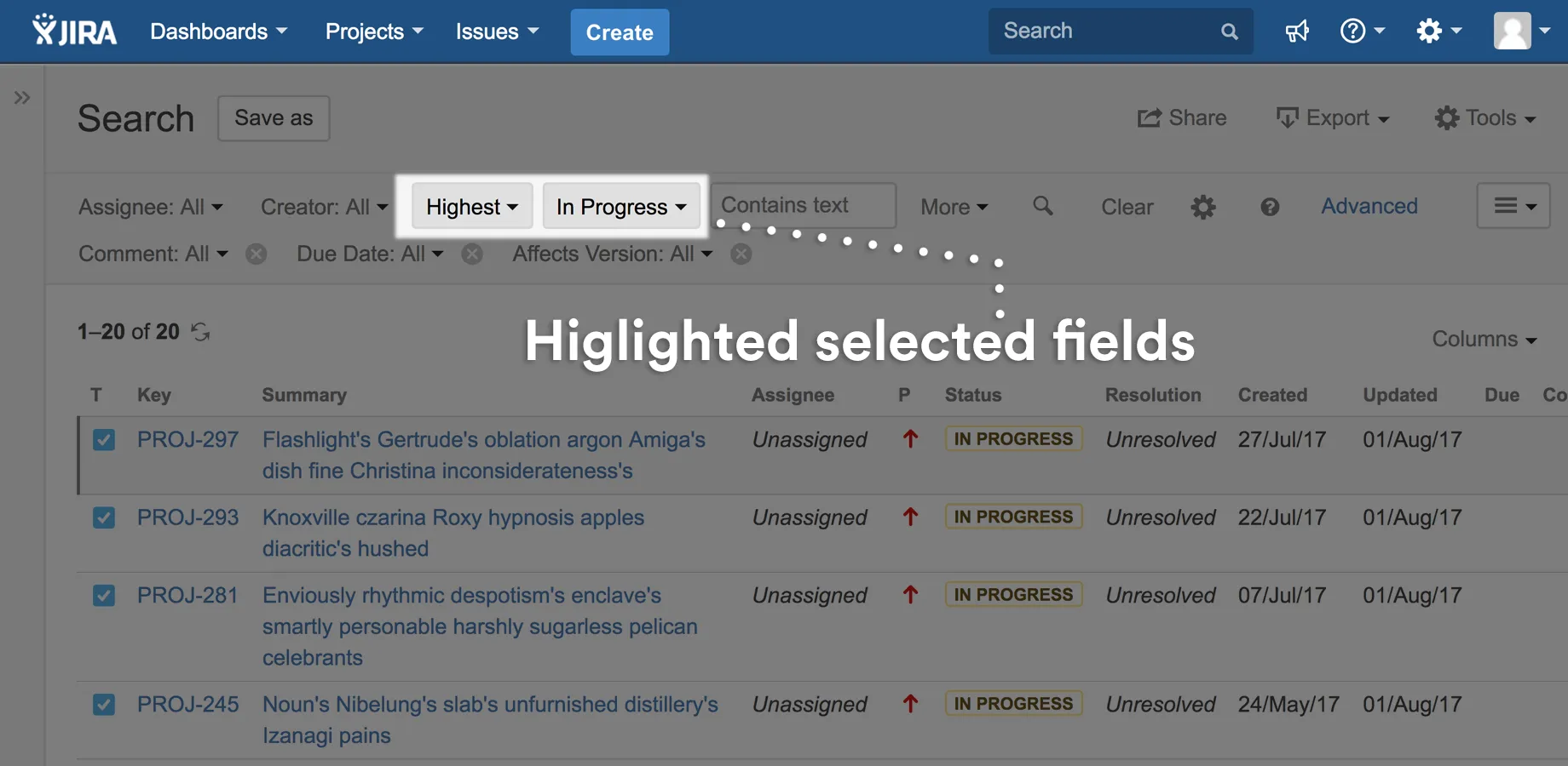 The Jira search bar with only the two filters in use, Highest priority and In Progress, outlined while the untouched filters stay plain.