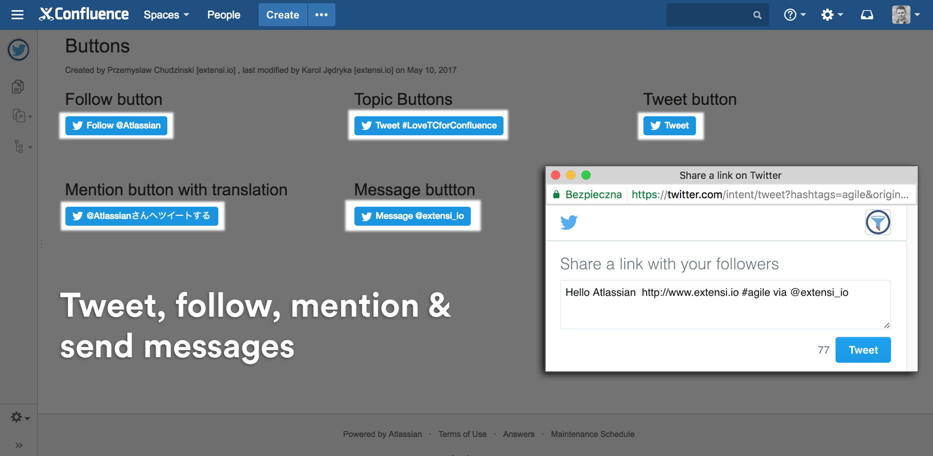 A Confluence page with follow, tweet, topic, mention and message buttons embedded inline, and the X share dialog open beside them.