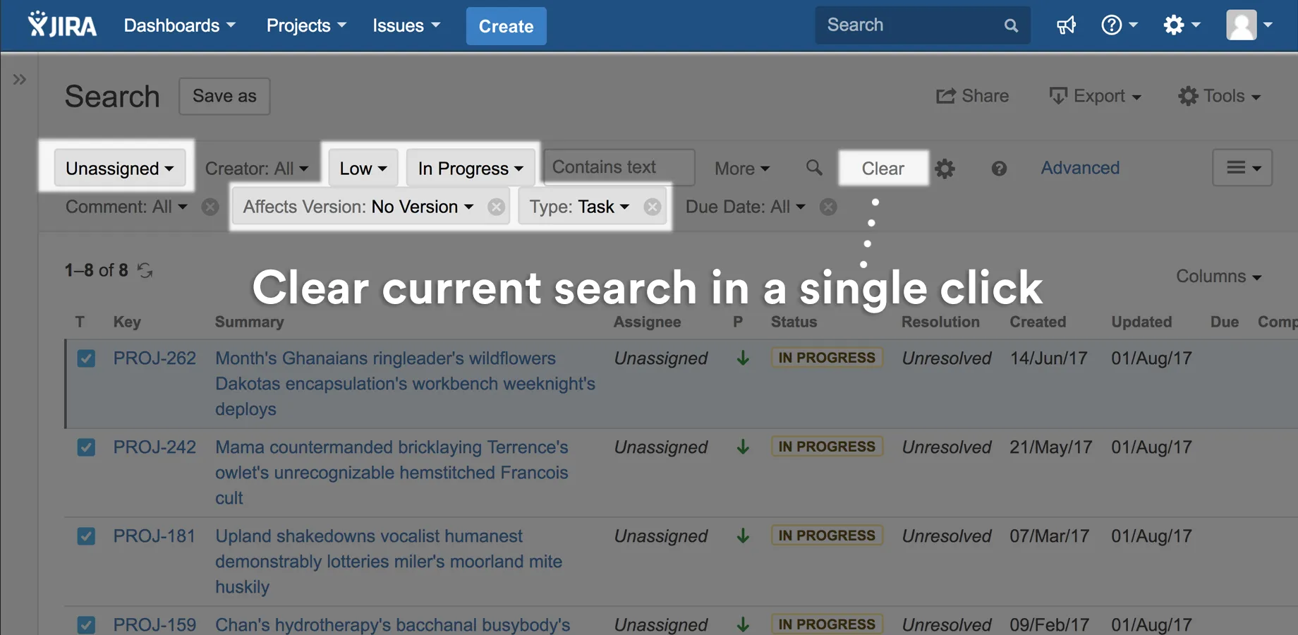 The Jira search bar with five active filters highlighted and a Clear button beside them, above a filtered list of eight issues.