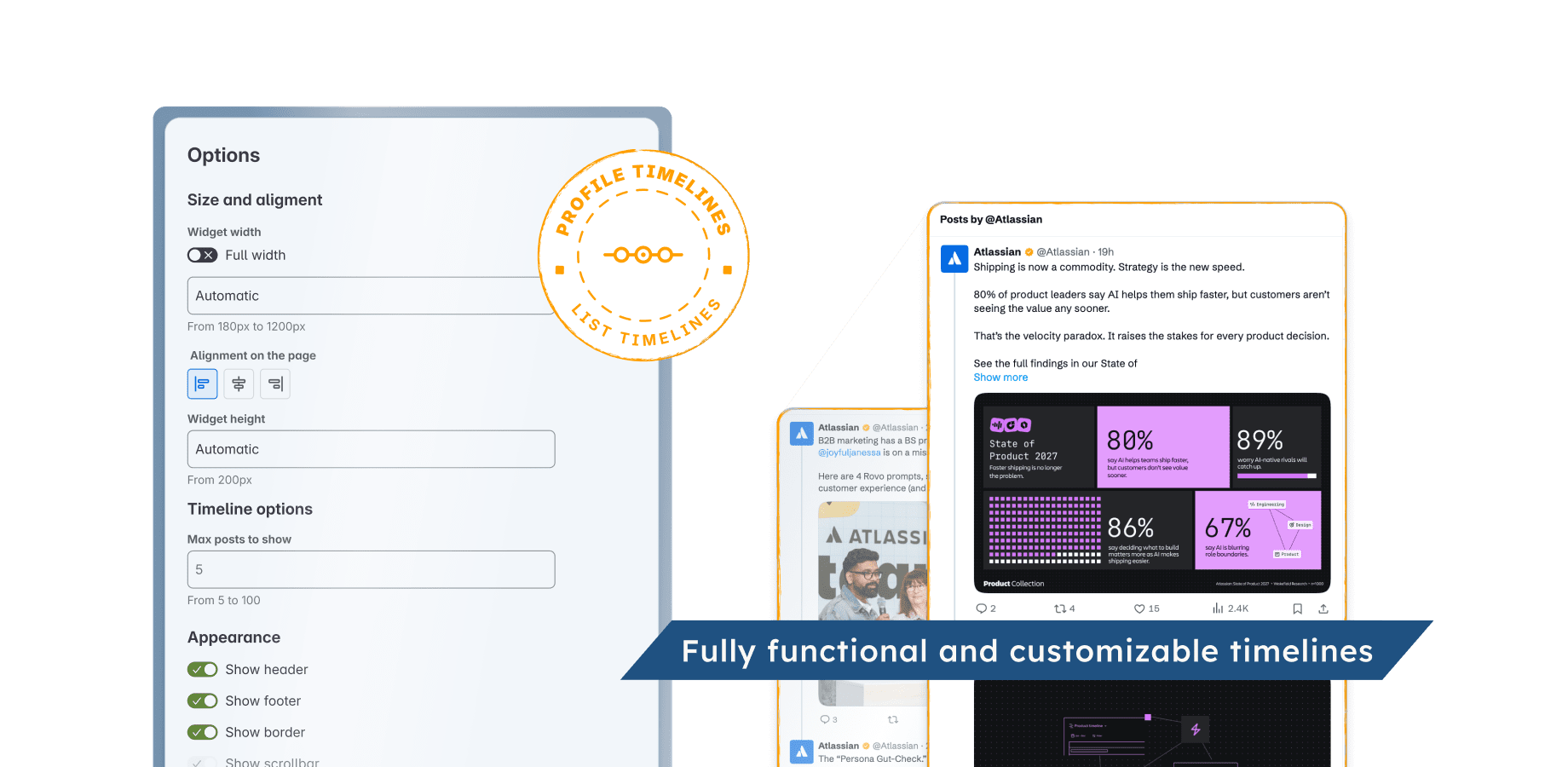 Timeline size, post count and appearance options beside profile and List timeline examples.