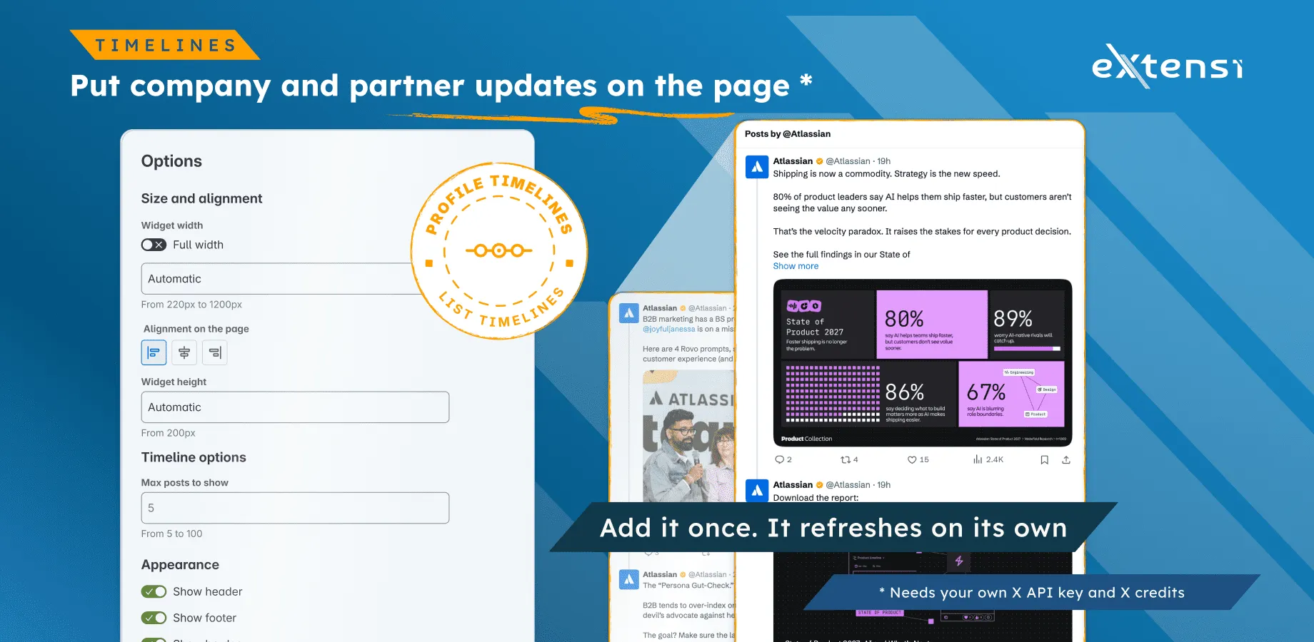 Timeline size, post count and appearance options beside profile and List timeline examples.