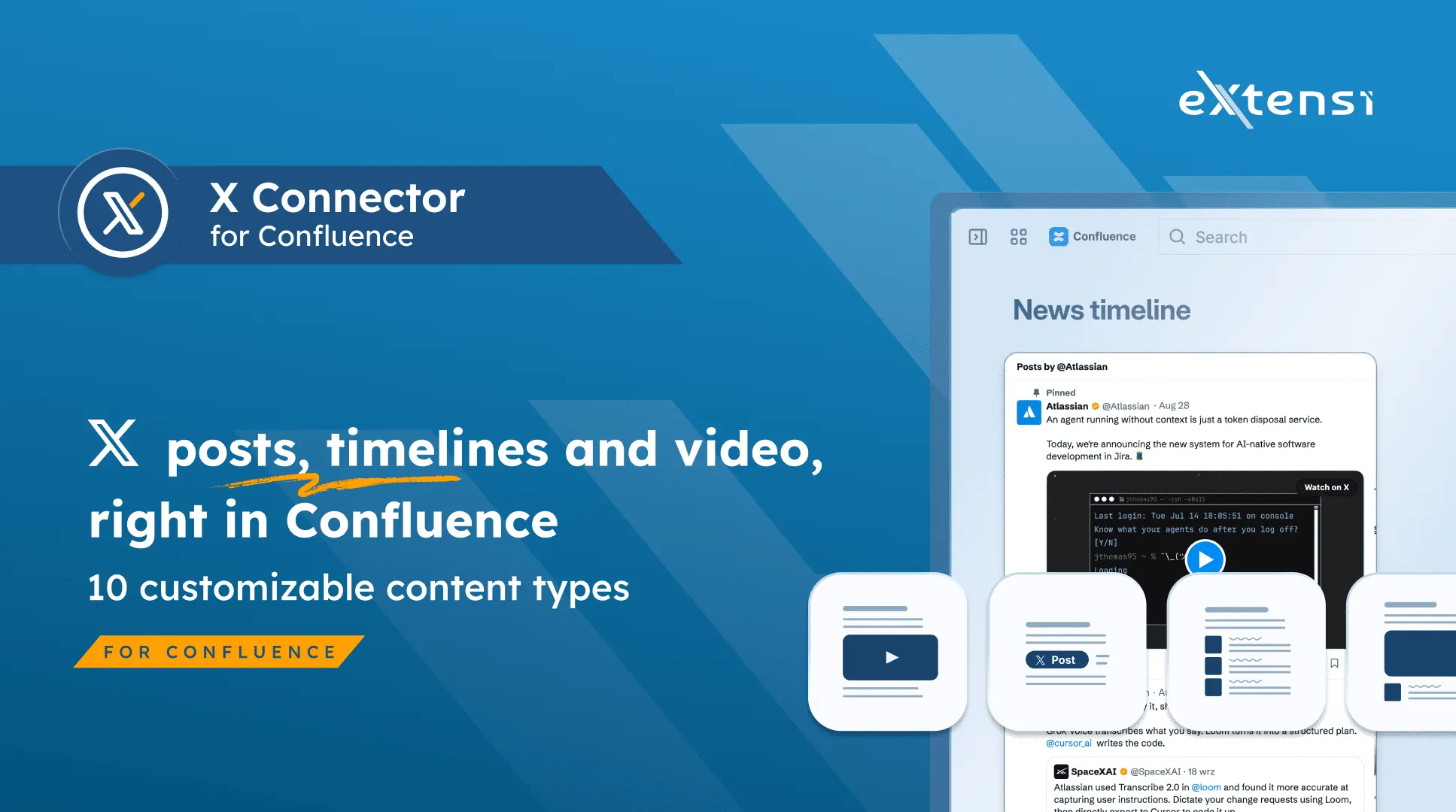 X Connector overview artwork with a Confluence timeline and content-type icons.