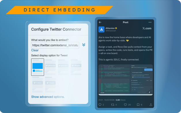 The Configure X Connector dialog beside a single X post embedded in a Confluence page